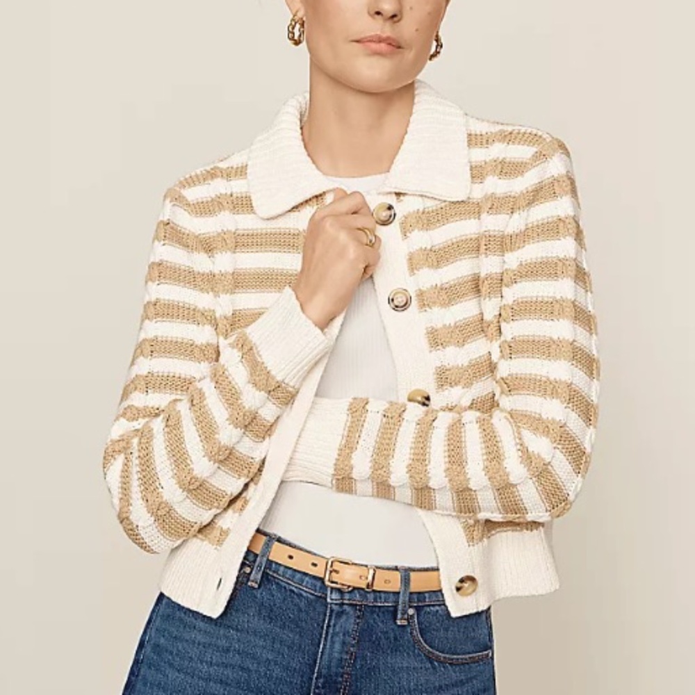 Ann Taylor | Women’s Tan/Ivory Striped Cable Sweater Jacket Cotton Size XL